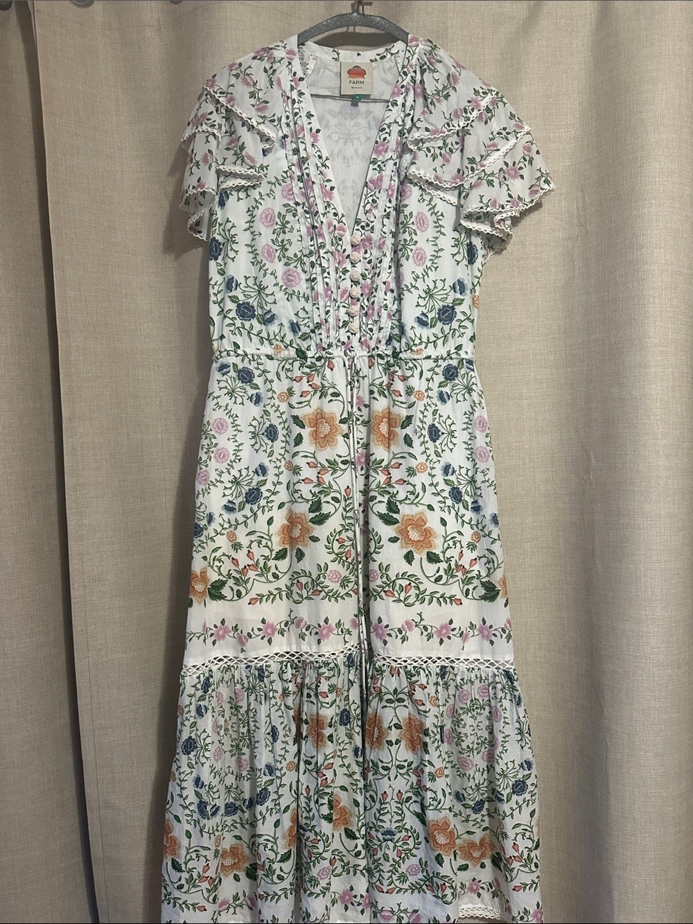 Farm Rio Floral Tiered Maxi Dress - White Floral Print Sz M NWOT